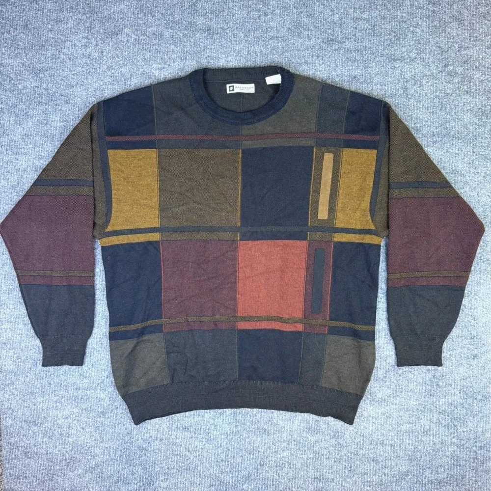Vintage Bachrach Mens Merino Wool Blend Sweater Colorblock Crewneck Coogie Style